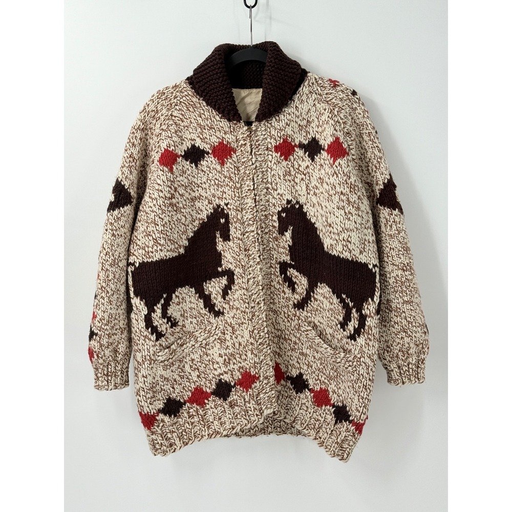 Vtg 50s Horse Cowichan Style Cardigan Wool Sweater sz XL heavy western grandpa